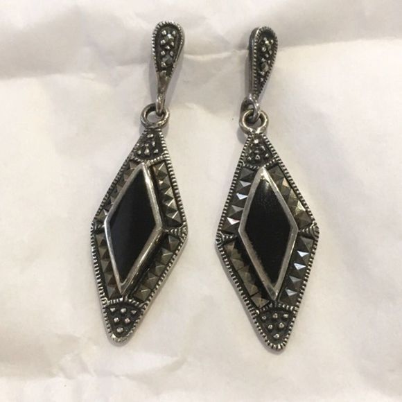 Sterling Silver Marcasite Onyx Drop VTG Earrings - Picture 12 of 14